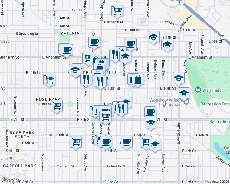 map of restaurants, bars, coffee shops, grocery stores, and more near 925 Loma Avenue in Long Beach