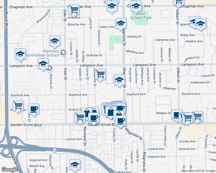 map of restaurants, bars, coffee shops, grocery stores, and more near 12672 Aristocrat Avenue in Garden Grove