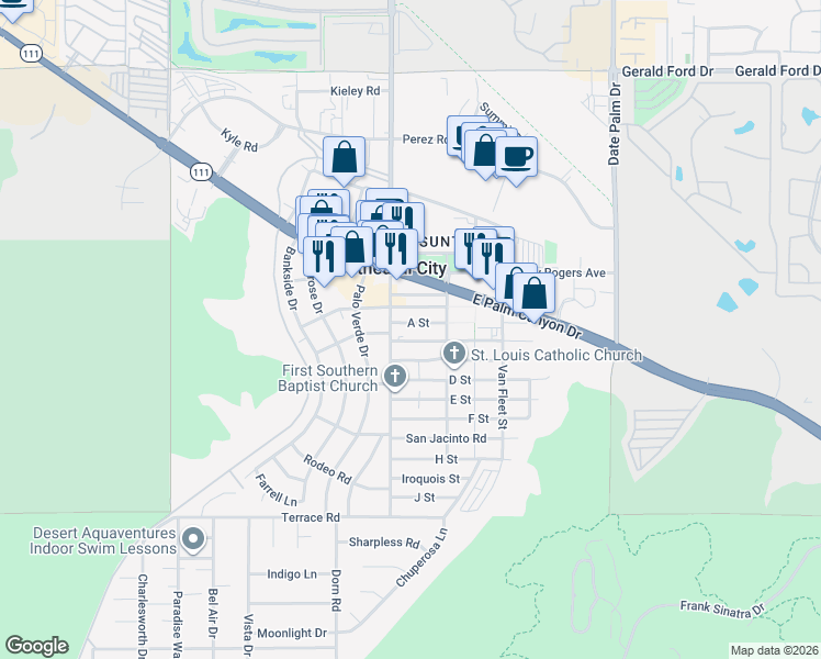 map of restaurants, bars, coffee shops, grocery stores, and more near 68533 A Street in Cathedral City