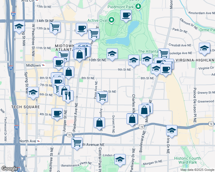 map of restaurants, bars, coffee shops, grocery stores, and more near 870 Glendale Terrace Northeast in Atlanta