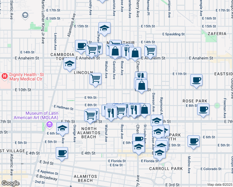 map of restaurants, bars, coffee shops, grocery stores, and more near 924 Gaviota Avenue in Long Beach