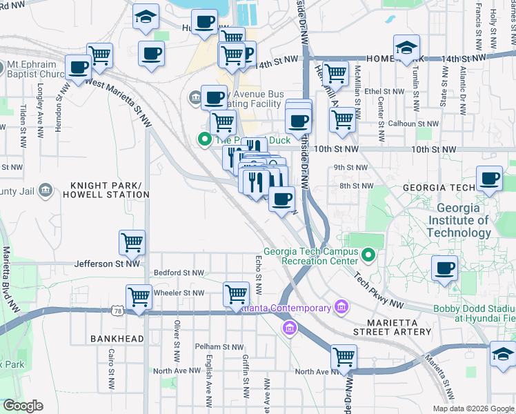map of restaurants, bars, coffee shops, grocery stores, and more near 1000 West Marietta Street Northwest in Atlanta
