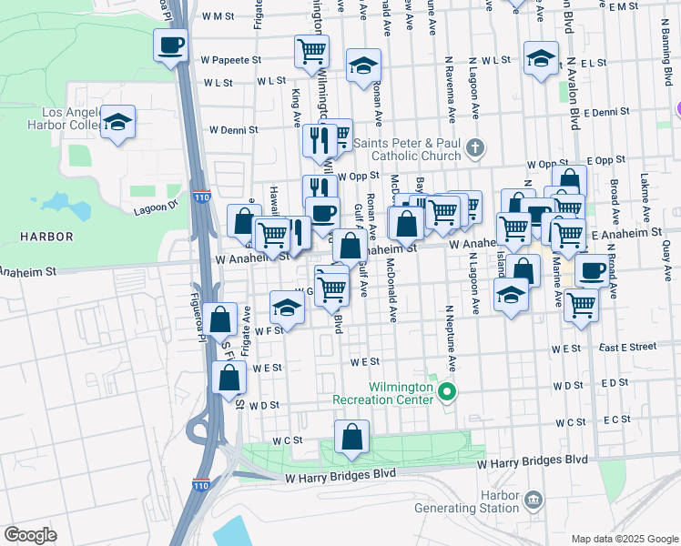 map of restaurants, bars, coffee shops, grocery stores, and more near 712 Wilmington Boulevard in Los Angeles