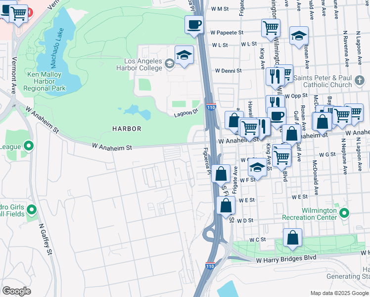 map of restaurants, bars, coffee shops, grocery stores, and more near 1502 West Anaheim Street in Los Angeles