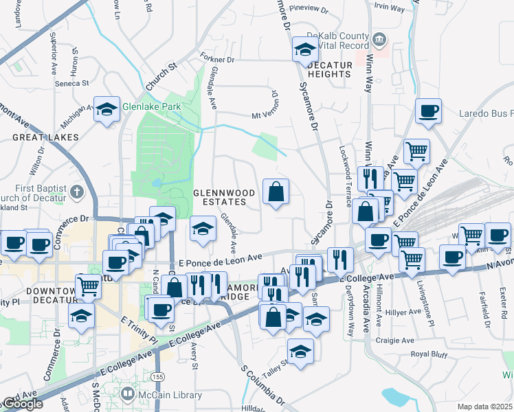 map of restaurants, bars, coffee shops, grocery stores, and more near 111 Pinecrest Avenue in Decatur