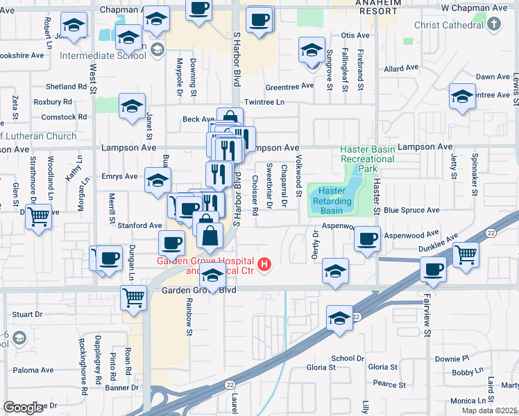 map of restaurants, bars, coffee shops, grocery stores, and more near 12742 Blue Spruce Avenue in Garden Grove