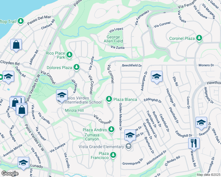 map of restaurants, bars, coffee shops, grocery stores, and more near 1465 Vía Coronel in Palos Verdes Estates