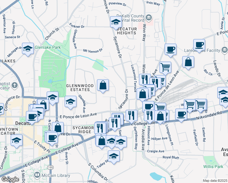 map of restaurants, bars, coffee shops, grocery stores, and more near 216 Hillcrest Avenue in Decatur