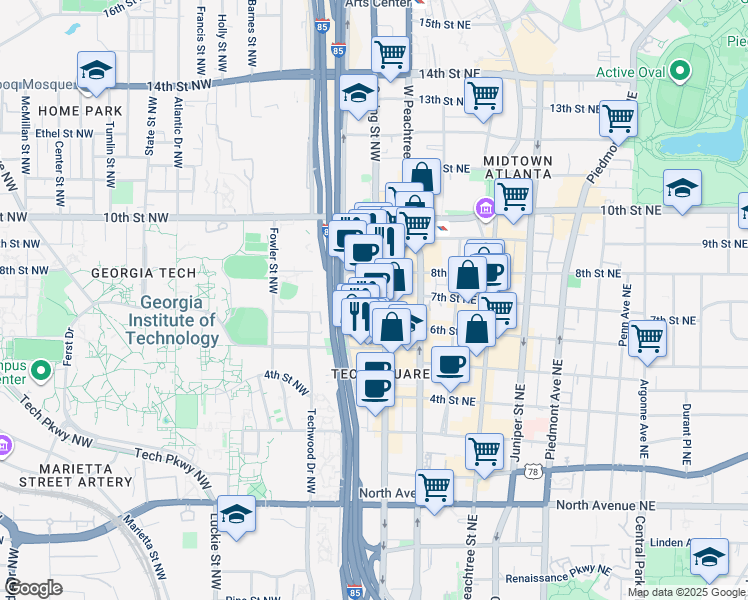 map of restaurants, bars, coffee shops, grocery stores, and more near 75 5th Street Northwest in Atlanta
