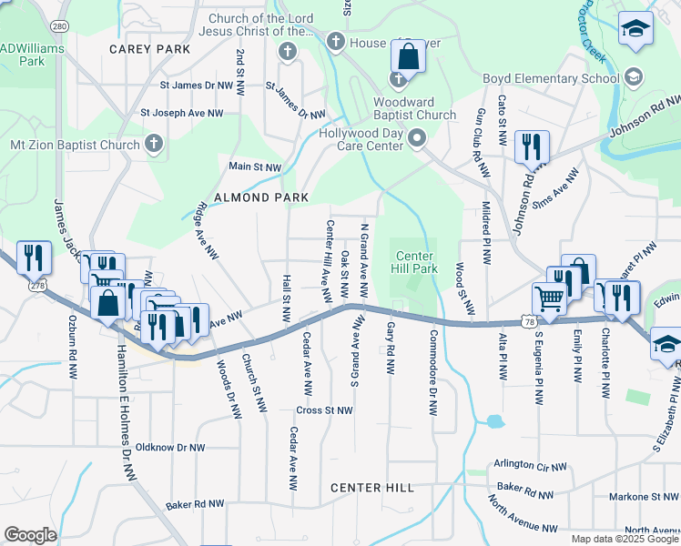 map of restaurants, bars, coffee shops, grocery stores, and more near 860 Oak Street Northwest in Atlanta
