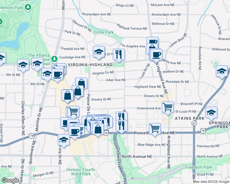 map of restaurants, bars, coffee shops, grocery stores, and more near 835 Ponce De Leon Terrace Northeast in Atlanta