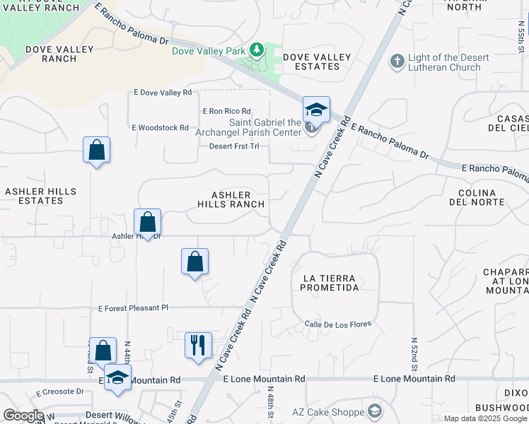 map of restaurants, bars, coffee shops, grocery stores, and more near 32233 North 48th Street in Cave Creek