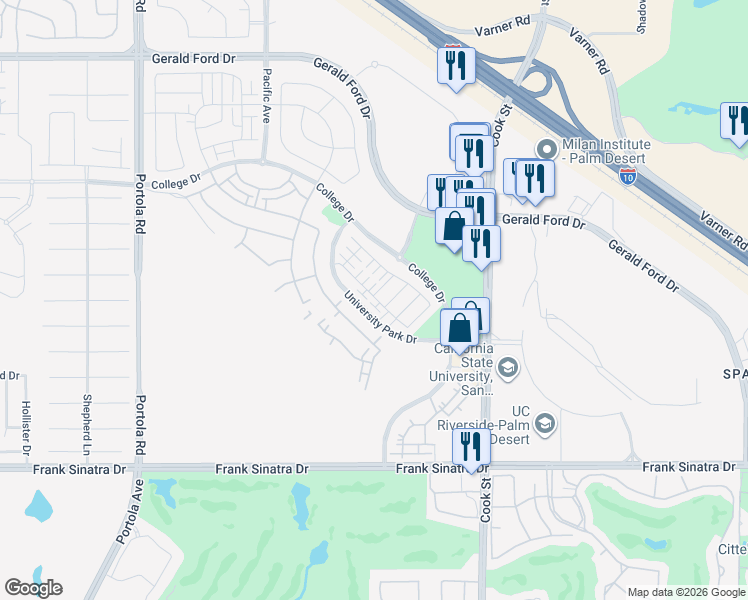 map of restaurants, bars, coffee shops, grocery stores, and more near University Park Drive in Palm Desert