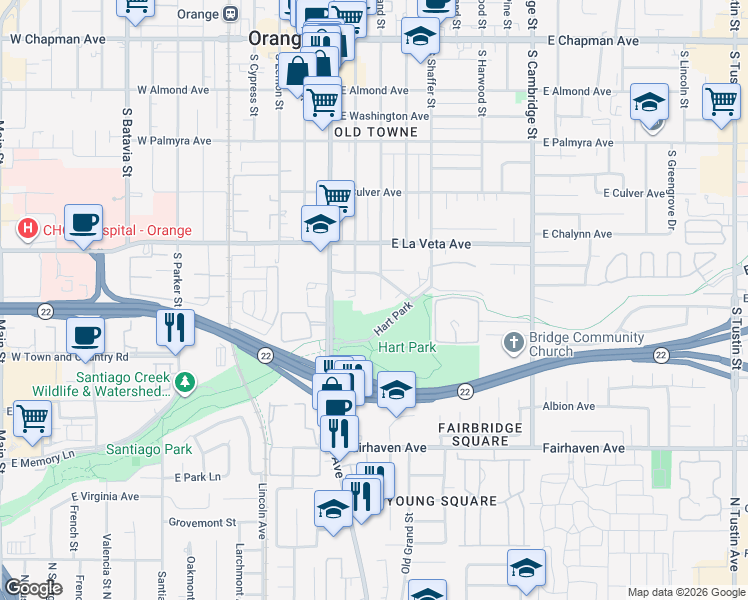 map of restaurants, bars, coffee shops, grocery stores, and more near 637 South Orange Street in Orange