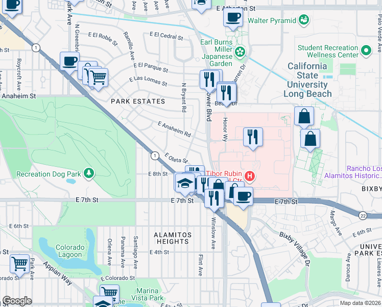 map of restaurants, bars, coffee shops, grocery stores, and more near 5560 East Lonna Linda Drive in Long Beach