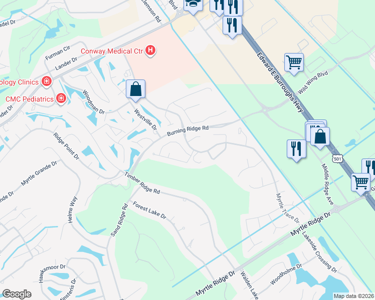 map of restaurants, bars, coffee shops, grocery stores, and more near 104 Hickory Drive in Conway