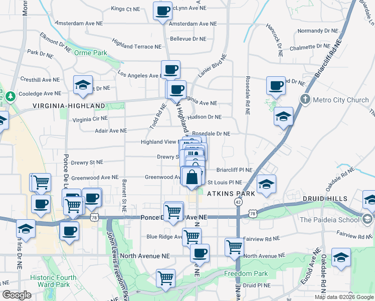 map of restaurants, bars, coffee shops, grocery stores, and more near 1016 Drewry Street Northeast in Atlanta
