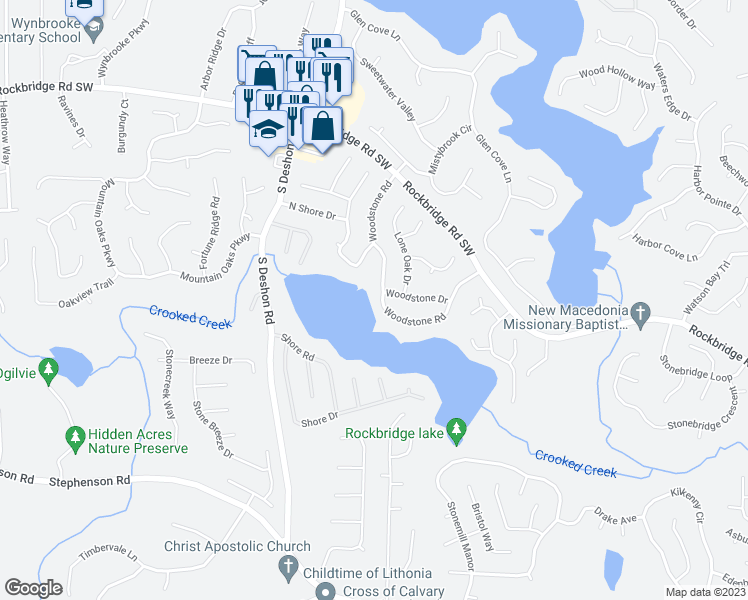 map of restaurants, bars, coffee shops, grocery stores, and more near 651 Woodstone Road in Lithonia