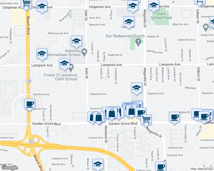 map of restaurants, bars, coffee shops, grocery stores, and more near 12671 Lorna Street in Garden Grove
