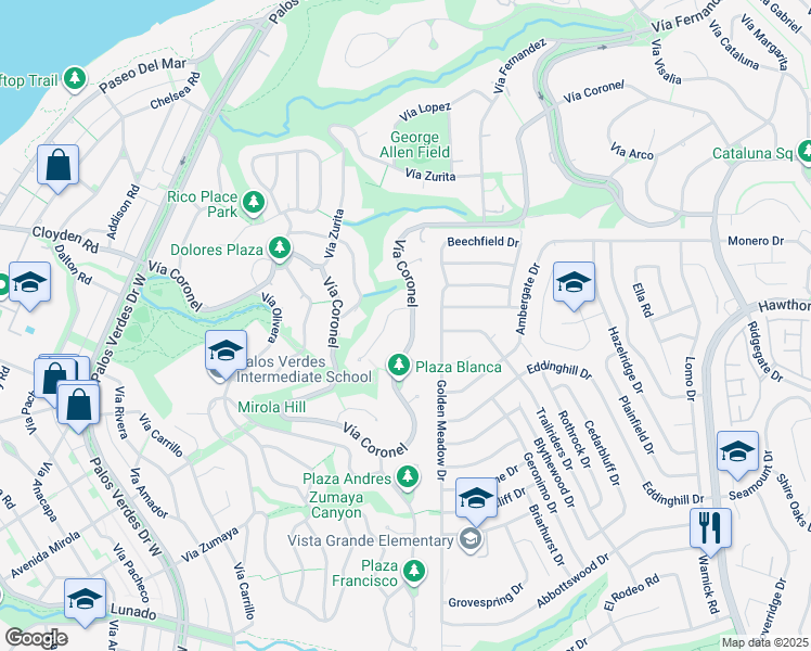 map of restaurants, bars, coffee shops, grocery stores, and more near 1465 Vía Coronel in Palos Verdes Estates
