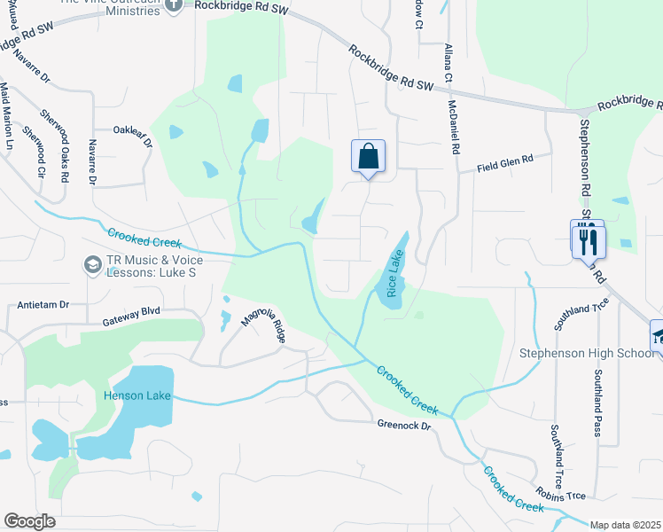 map of restaurants, bars, coffee shops, grocery stores, and more near 6035 Pomerania Court in Stone Mountain
