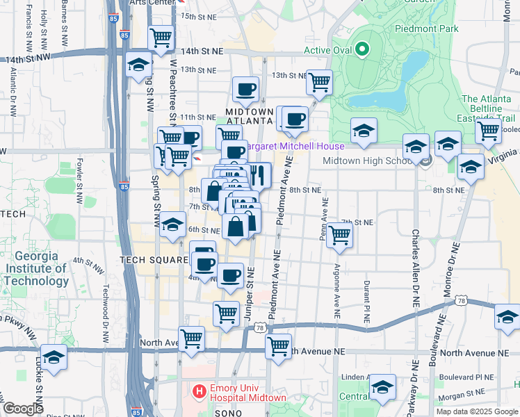 map of restaurants, bars, coffee shops, grocery stores, and more near 146 7th Street Northeast in Atlanta