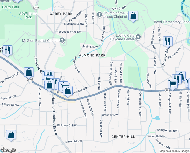 map of restaurants, bars, coffee shops, grocery stores, and more near 863 Capitol View Avenue Northwest in Atlanta