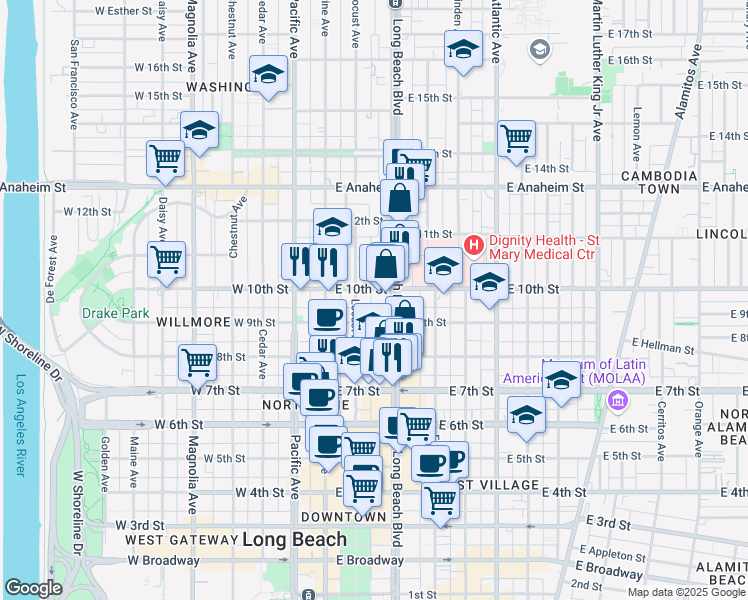 map of restaurants, bars, coffee shops, grocery stores, and more near 946 Locust Avenue in Long Beach