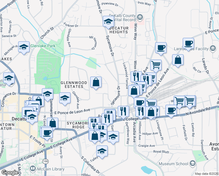 map of restaurants, bars, coffee shops, grocery stores, and more near 216 Hillcrest Avenue in Decatur