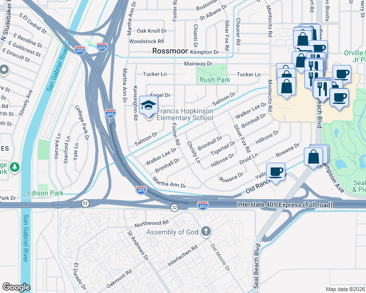 map of restaurants, bars, coffee shops, grocery stores, and more near 12672 Foster Road in Los Alamitos