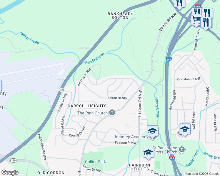map of restaurants, bars, coffee shops, grocery stores, and more near 839 Bonneville Terrace Northwest in Atlanta
