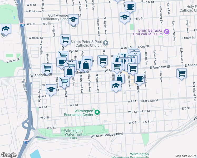 map of restaurants, bars, coffee shops, grocery stores, and more near 710 North Neptune Avenue in Los Angeles