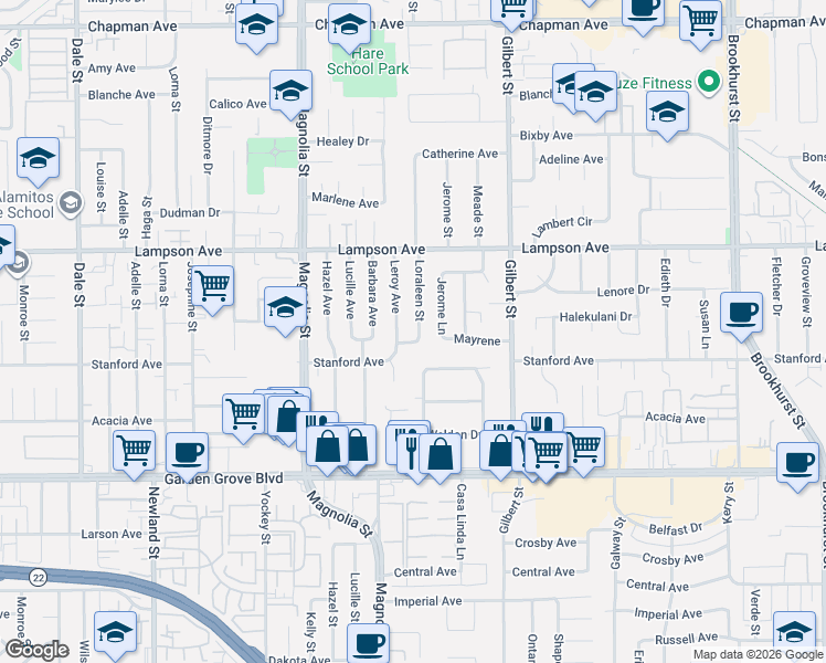 map of restaurants, bars, coffee shops, grocery stores, and more near 12681 Loraleen Street in Garden Grove
