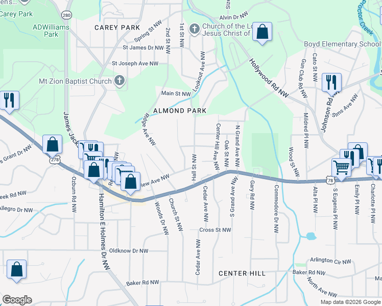 map of restaurants, bars, coffee shops, grocery stores, and more near 864 Hall Street Northwest in Atlanta