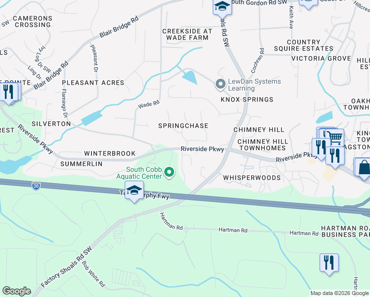 map of restaurants, bars, coffee shops, grocery stores, and more near 796 Crestside Court in Austell