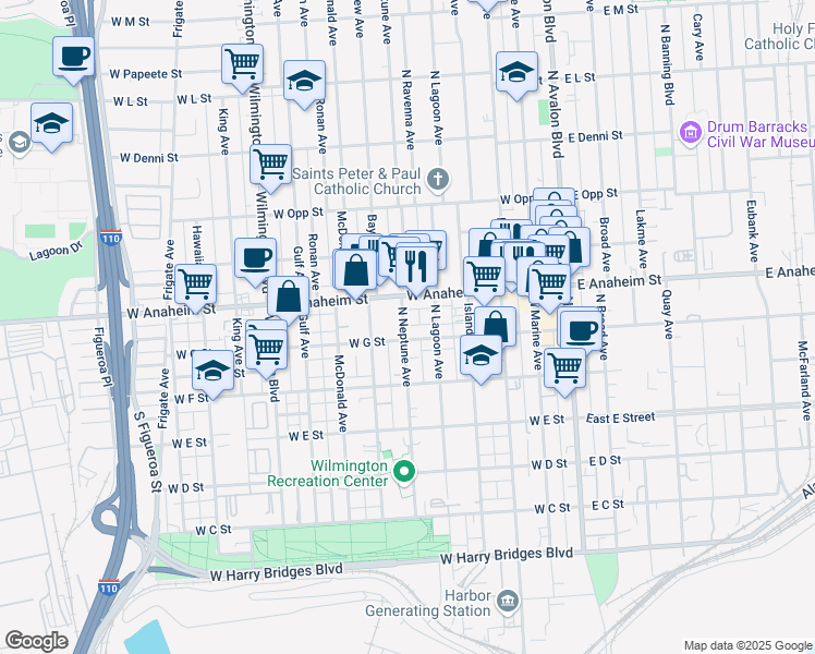 map of restaurants, bars, coffee shops, grocery stores, and more near 710 North Neptune Avenue in Los Angeles