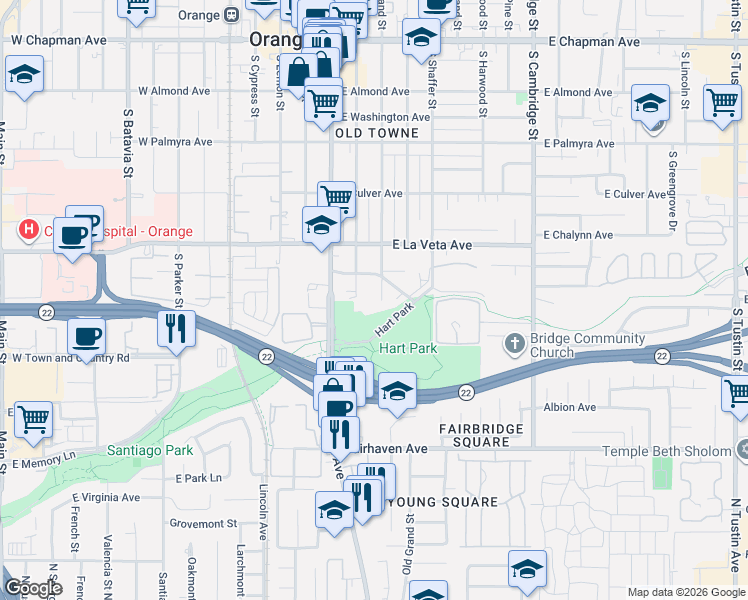 map of restaurants, bars, coffee shops, grocery stores, and more near 637 South Orange Street in Orange