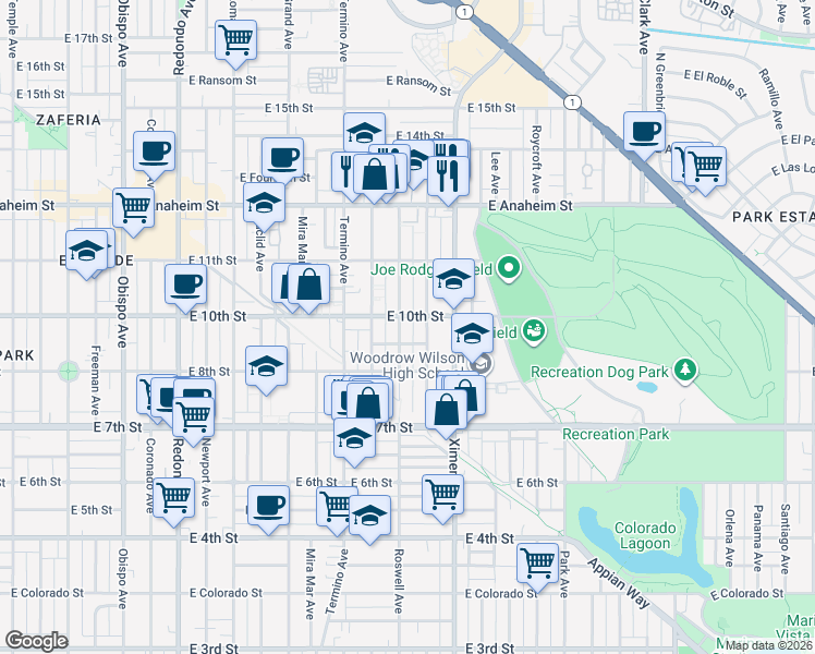 map of restaurants, bars, coffee shops, grocery stores, and more near 917 Bennett Avenue in Long Beach