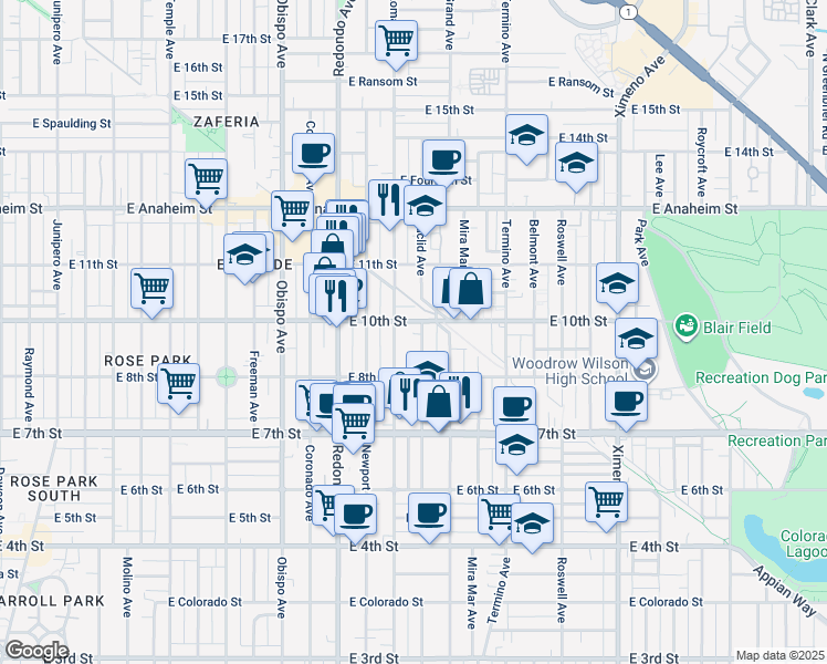 map of restaurants, bars, coffee shops, grocery stores, and more near 924 Euclid Avenue in Long Beach