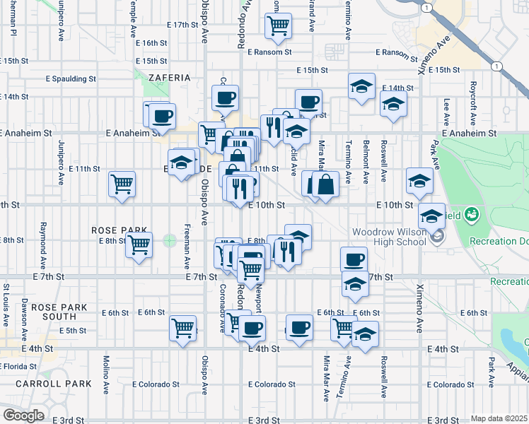 map of restaurants, bars, coffee shops, grocery stores, and more near 925 Loma Avenue in Long Beach