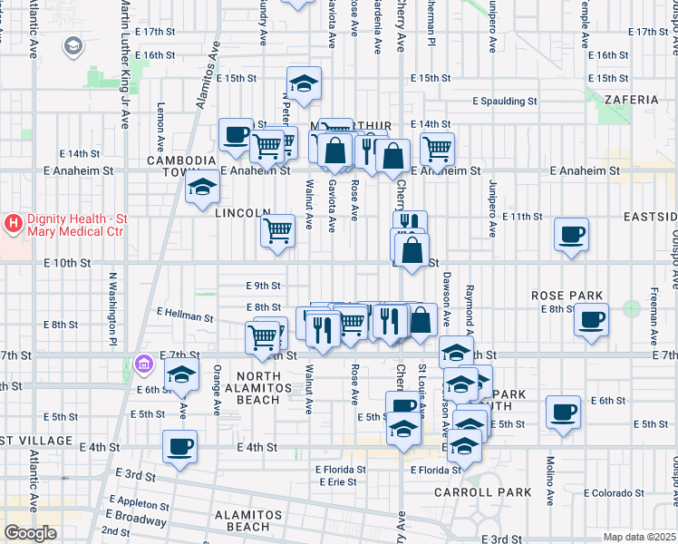 map of restaurants, bars, coffee shops, grocery stores, and more near 925 Rose Avenue in Long Beach