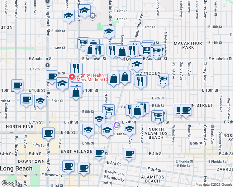 map of restaurants, bars, coffee shops, grocery stores, and more near in Long Beach