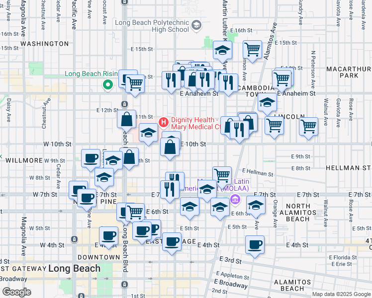 map of restaurants, bars, coffee shops, grocery stores, and more near 930 Lime Avenue in Long Beach