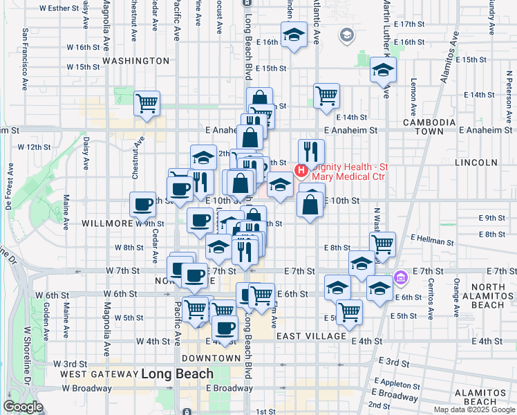 map of restaurants, bars, coffee shops, grocery stores, and more near 935 Elm Avenue in Long Beach