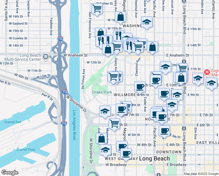 map of restaurants, bars, coffee shops, grocery stores, and more near 5 Nylic Court in Long Beach