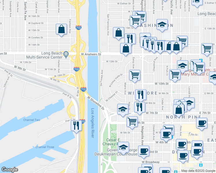 map of restaurants, bars, coffee shops, grocery stores, and more near 952 North Loma Vista Drive in Long Beach