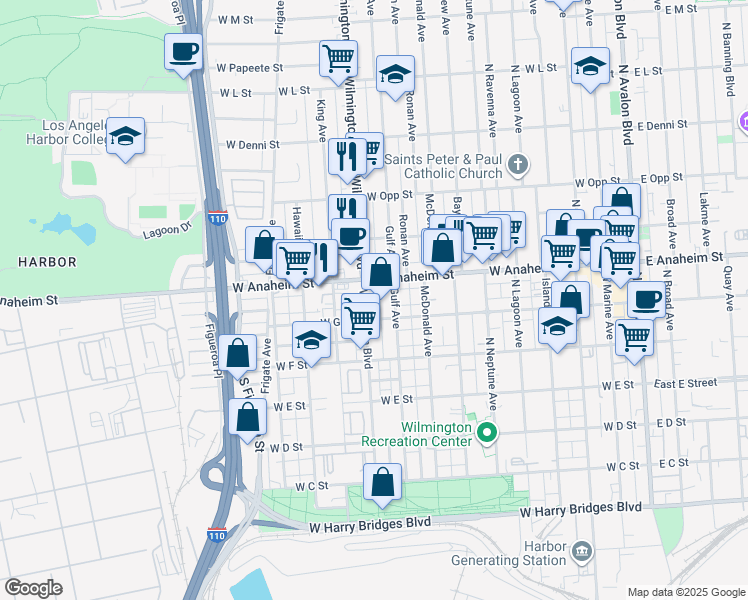map of restaurants, bars, coffee shops, grocery stores, and more near 717 1/4 Gulf Avenue in Los Angeles