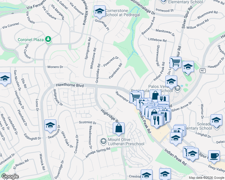 map of restaurants, bars, coffee shops, grocery stores, and more near 63 Hilltop Circle in Rancho Palos Verdes