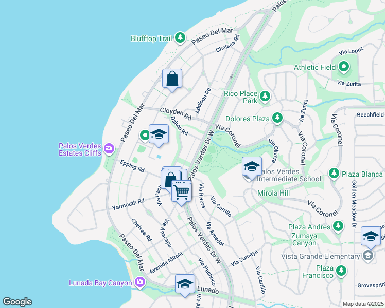 map of restaurants, bars, coffee shops, grocery stores, and more near 2000 Palos Verdes Drive West in Palos Verdes Estates