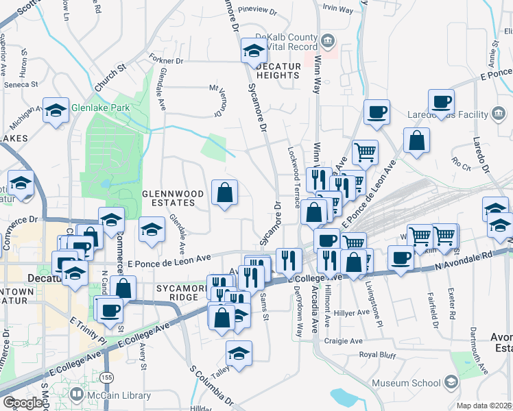 map of restaurants, bars, coffee shops, grocery stores, and more near 216 Hillcrest Avenue in Decatur